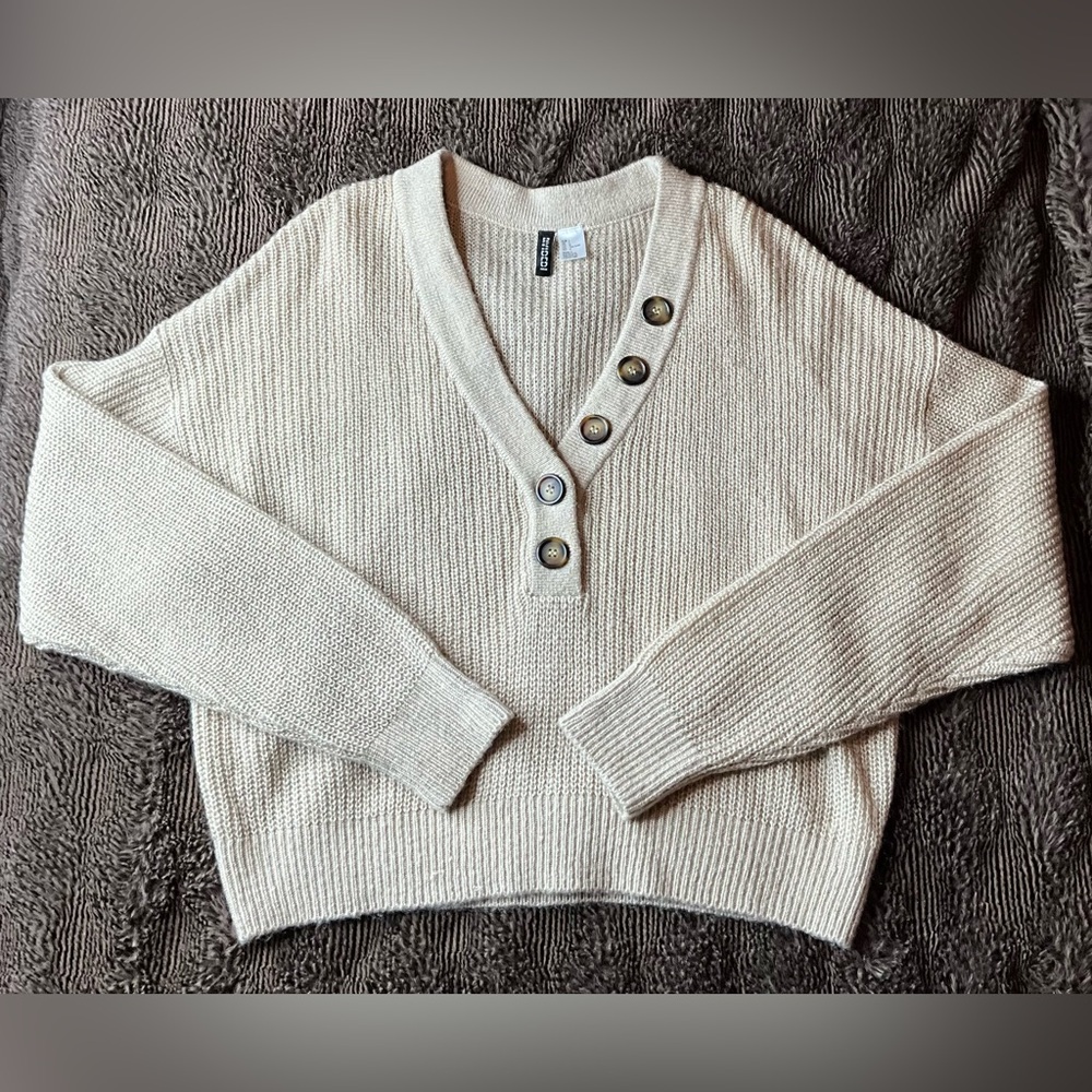 Cream/Tan V-Neck Sweater with Button Detail